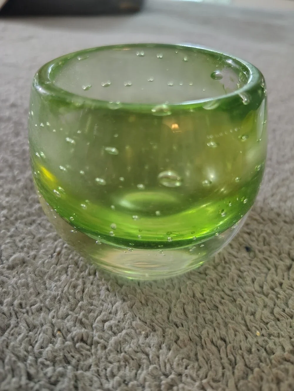 Vintage Handblown Green Glass Votive Holder Historic Bubble Pattern